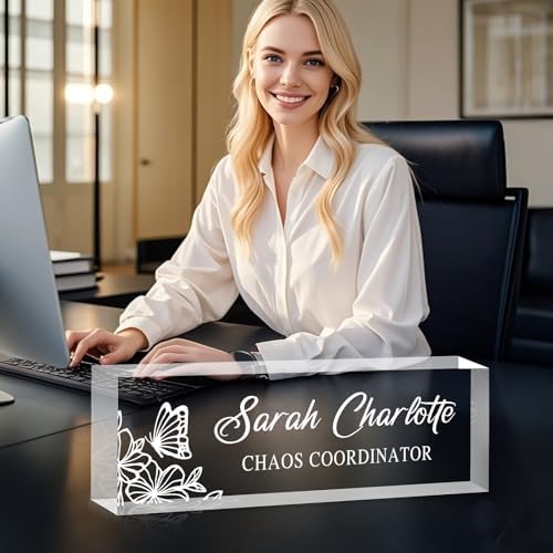 Custom Name Plate for Desk, Personalized Desk Name Plate on Clear Acrylic Glass, Appreciation Gifts for Teacher Employee Boss Coworkers Nurse, Office Desk Accessories for Women Men (Engraved Garden) - Image 2
