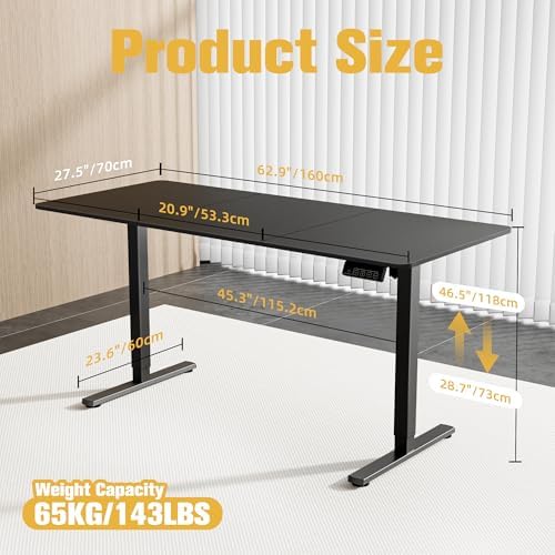 63"x28" Standing Desk, Height Adjustable Sit-Stand Home Office, Black - Image 3