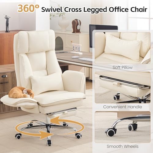 Big and Tall Office Chair, Footrest & Flip Armrest for Pets Off-white - Image 6