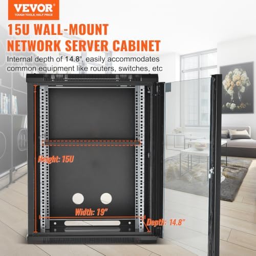 VEVOR 15U Wall Mount Network Server Cabinet, 14.8'' Deep, Server Rack Cabinet Enclosure, 500 lbs Max. Ground-Mounted Load Capacity, with Locking Glass Door Side Panels, for IT Equipment, A/V Devices - Image 2