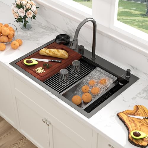 Sarlai Waterfall Kitchen Sink 30 Inch Black Drop In Kitchen Sink Topmount 16 Gauge Stainless Steel 30x22 Inch Single Bowl Multifuction Workstation Top Mount Sinks with Double Knob - Image 2