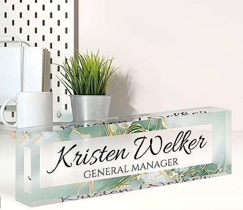 Name Plate for Desk, Desk Name Plate Personalized, Office Decor for Women Men, Acrylic Desktop Accessories, Office Appreciation Gifts for Boss Social Workers Nurse Teacher Employee (Green/Gold) by Spricoz