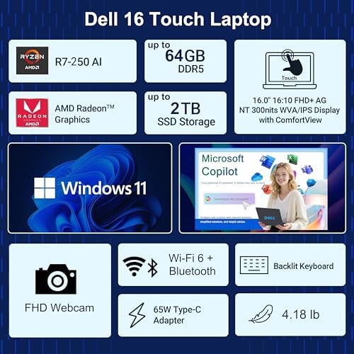 Dell 16" Touchscreen Laptop 2026, AMD Ryzen 7 170, 16GB DDR5, 256GB SSD - Image 2