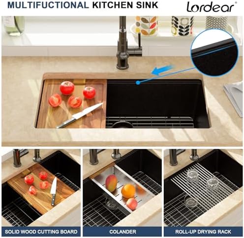 Lordear 32 Inch Black Granite Composite Kitchen Sink 32x19 Inch Workstation Quartz Undermount Kitchen Sinks Under Counter Single Bowl - Image 6
