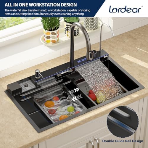 Lordear 33 Inch Black Drop In Smart Kitchen Sink with Waterfall Faucet - Image 3