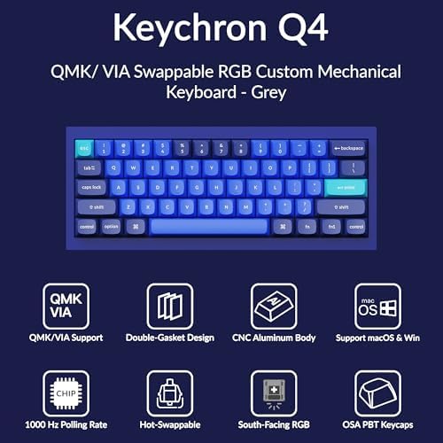 Keychron Q4 Wired Custom Mechanical Keyboard, 60% Layout QMK/VIA Programmable Macro with Hot-swappable Gateron G Pro Brown Switch Double Gasket Compatible with Mac Windows Linux(Navy Blue) - Image 2