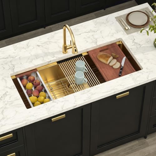 Lordear Luxury 45 Inch Gold Undermount Kitchen Sink Large Ledge Workstation T304 16 Gauge Stainless Steel Single Bowl Under Counter Gold Kitchen Sink with Built-in Accessories 45''x19''x10'' - Image 2
