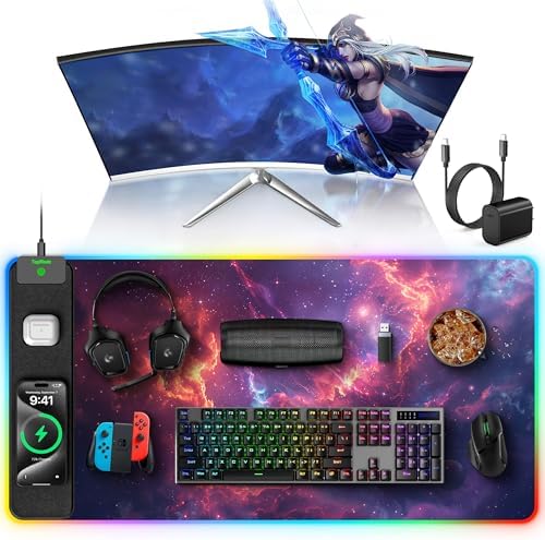 RGB Gaming Mouse Pad with Wireless Charging, Large Desk Mat, Red Nebula by TopmadeProduct-Ordernow