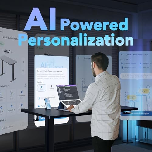HUANUO One-Piece AI-Powered Electric Standing Desk, Smart APP, Work with Alexa & Google, Adjustable Height, 3 Memory Settings, Sedentary Reminder, Ergonomic Sit-Stand Desk, 48-inch, Black - Image 3