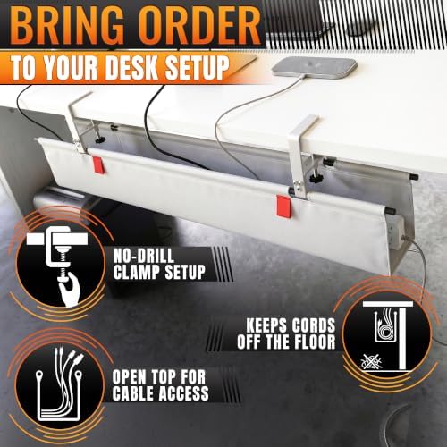 Under Desk Cable Management Tray 36" — No Drill Clamp-On Cord Organizer for Desk with Built-in Ties, Heavy Duty Metal Clamp, Foldable 600D Oxford Fabric for Home Office, WFH & Gaming PC Setup (White) - Image 4
