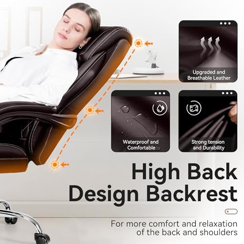 Office Chair, Executive Leather Office Chairs with Rocking Function, Big and Tall Ergonomic Computer Chair with Lumbar Support Flip-Up Armrests, Comfortable Gaming Chairs for Home Ofiice - Image 3