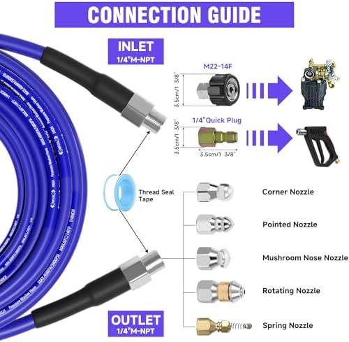 NIFUAL 50FT Sewer Jetter Kit for Pressure Washer, 5800PSI Pressure Drain Cleaner Hose 1/4 Inch NPT Corner, Rotating and Button Hose Sewer Jetting Nozzle Waterproof Tape Pearl Corsage Pin Spanner Glove - Image 2