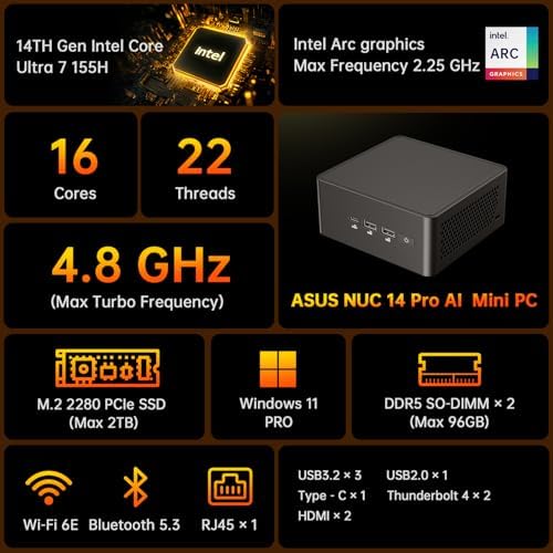 ASUS NUC 14 Pro AI Mini PC Win 11 Pro, Intel Ultra 7 155H, 32GB DDR5 RAM, 2TB PCIe SSD, Mini Desktop Computer with Intel Arc GPU, AI Ready, AI Boost, Thunderbolt 4, Quad 4K HDR Display, VESA Mount - Image 6