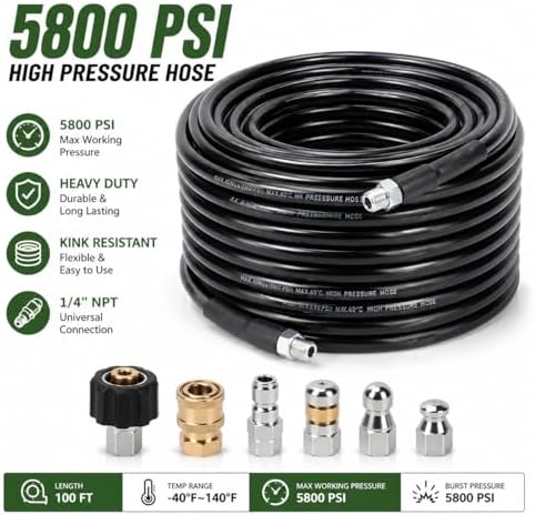 Sewer Jetter Kit for Pressure Washer, 100FT Drain Cleaning Hose with Corner Rotating and Button Nose Nozzles, 1/4" NPT Sewer Jet Nozzle Set with Spanner, Tape, Pins, 5800 PSI - Image 4
