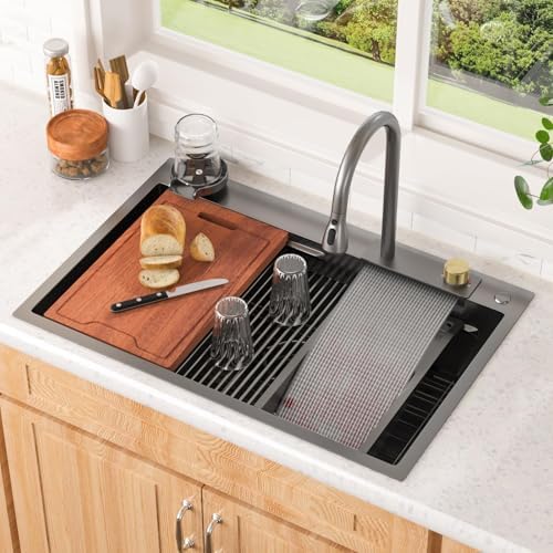 Lordear 33 Inch Black Drop In Kitchen Sink Waterfall T304 16 Gauge Stainless Steel Single Bowl Workstation Ledged Functional Large Kitchen Sinks 33x22x10 Inch - Image 2