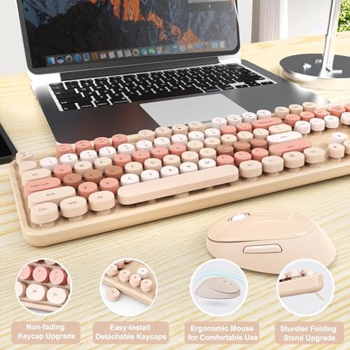 Wireless Keyboard and Mouse Combo, Ergonomic Full Size Typewriter Retro Round Keycaps Keyboard, Compatible with Windows, PC, Perfer for Home and Office Keyboards (Chocolate Color) - Image 6