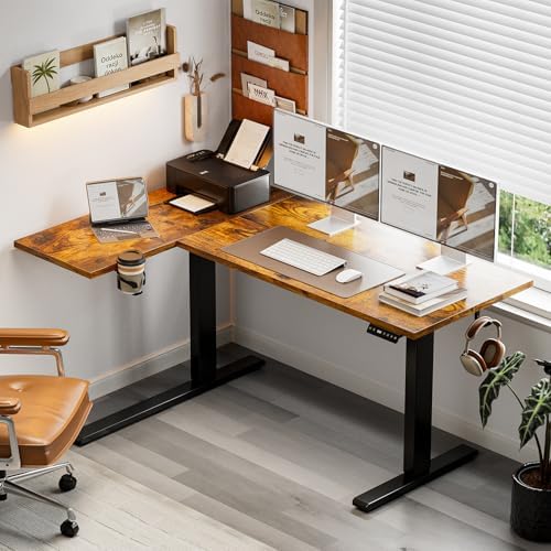 Muvai 59" L Shaped Standing Desk with Cable Tray, Reversible, Rustic Brown - Image 2