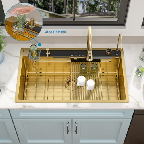 36"x22" Drop In Waterfall Kitchen Sink - Brushed Gold NANO-PVD, 16 Gauge 304 Stainless Steel, Ledge Workstation Single Bowl Top Mount Smart Waterfall Sink with Faucet Combo & Glass Rinser - Image 4