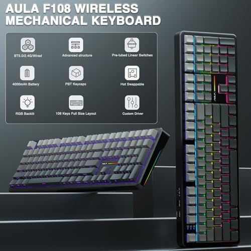 AULA F108 Wireless Mechanical Keyboard, Full Size Gaming Keyboard with Number Pad, Side Printed PBT Keycaps, Pre-lubed Switches, RGB Backlit, Hot Swappable Creamy Sounding Computer Keyboards, 108 keys - Image 2