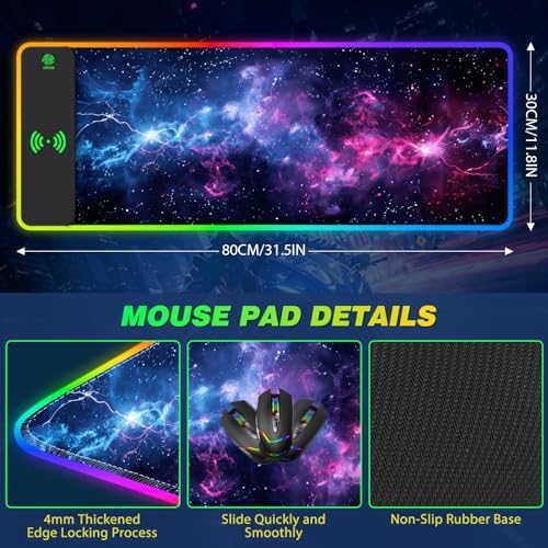 AIMSA RGB Gaming Mouse Pad with Wireless Charging, Large Keyboard Mouse Pad with 14 LED Light Modes, Non-Slip Rubber Base Waterproof Desk Pad for Home Office Decor, Blue Purple Cosmic Nebula - Image 7