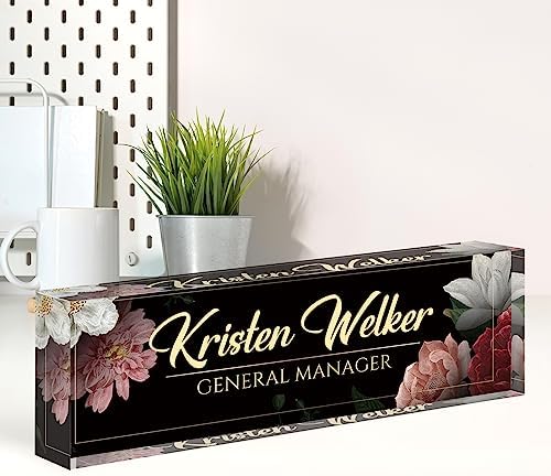 Name Plate for Desk, Desk Name Plate Personalized, Office Decor for Women Men, Acrylic Desktop Accessories, Office Appreciation Gifts for Boss Social Workers Nurse Teacher Employee (Black/Flowers) by Spricoz