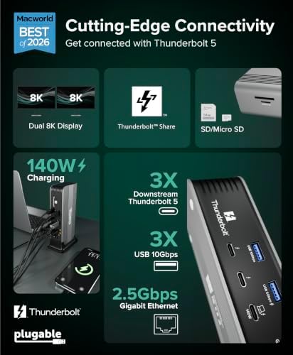 Plugable Thunderbolt 5 Docking Station for MacBook Pro & Windows, 140W - Image 2