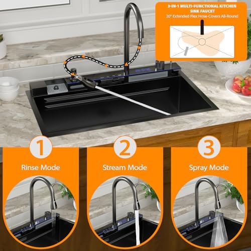 Mocoloo 33 Inch Black Honeycomb Waterfall Kitchen Sink Drop in, 33x19 Inch Stainless Steel Workstation Sink 16 Gauge Topmount Single Bowl Sink with Complete Kit - Image 4
