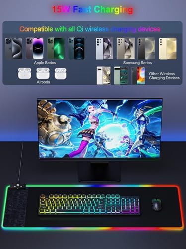 RGB Gaming Mouse Pad with Fast Wireless Charger, LED Extended Desk Mat, Home Office Large Desk Pad with Ultra-Smooth Surface, Non-Slip Base, Waterproof Keyboard Pad (Black) - Image 3