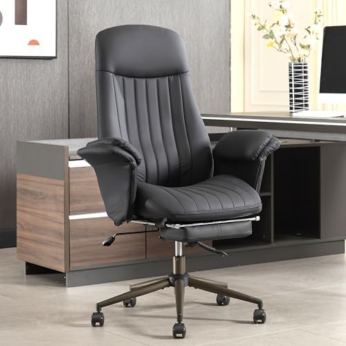 Home Office Desk Chair with Foot Rest, High Back Office Ergonomic Computer Chair with Lumbar Support Adjustable Height Rolling Swivel Chair Executive Task Armrests(Black) by YsatUasyt