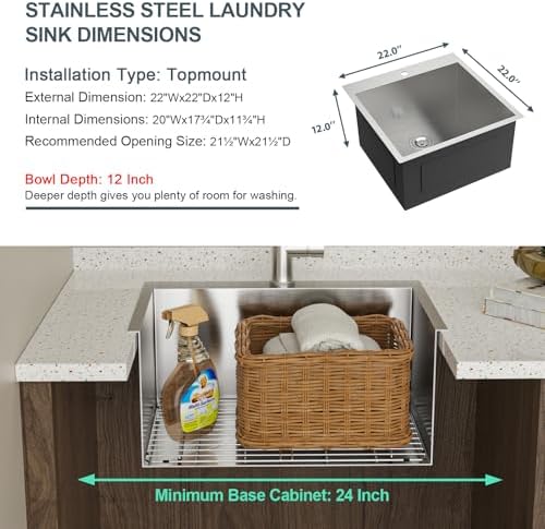 Lordear Drop In Laundry Sink with Faucet 22"x22"x12" Topmount Utility Sink 16 Gauge Stainless Steel Single Bowl for Laundry Room - Image 6
