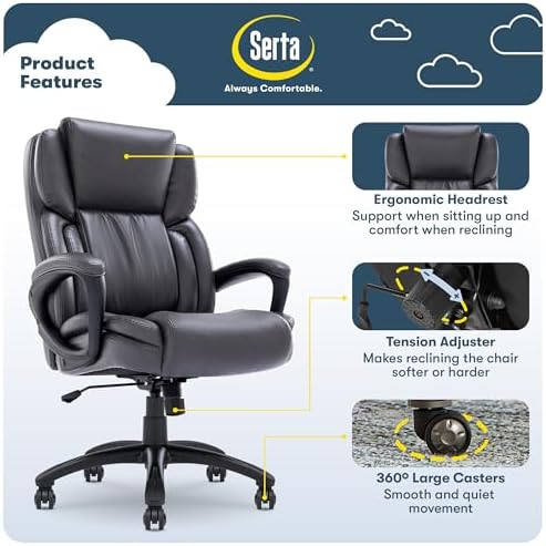 Serta Garret Executive Office Chair, Ergonomic Mid-Back with Lumbar Support, Semi-Plush Cushion and Body Pillows, Padded Armrests, Swivel Base, Bonded Leather, Space Gray - Image 3