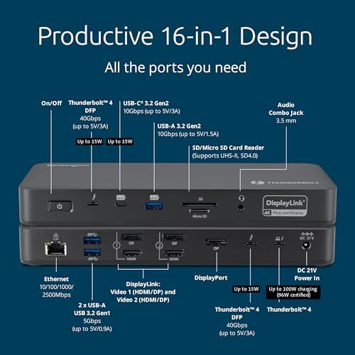 Kensington SD5910T DisplayLink Docking Station Thunderbolt 4, Quad 4K for MacBook Pro/Air M1/M2/M3/M4 with Pro and Max Chipsets, 100W PD, HDMI/DP/TB4, SD/Micro SD Card Slots (K35233NA), Black - Image 3