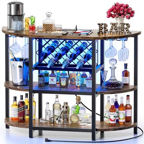 Zarler Bar Cart with Power Outlet Easy to Assemble, LED Home Bar Cabinet for Liquor, 47.3" L x 15.8" D x 36" H Metal Mini Bar Table with 4-Tier Storage, Brown by ZarlerOfficial