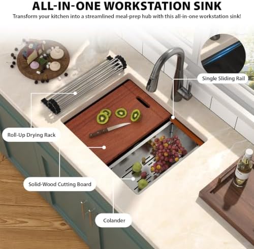 Mocoloo 23x19 Inch Black Kitchen Sink Undermount Stainless Steel Single Bowl Kitchen Sinks Workstation All In One 23 In Bar Prep Small Handmade Sink - Image 6