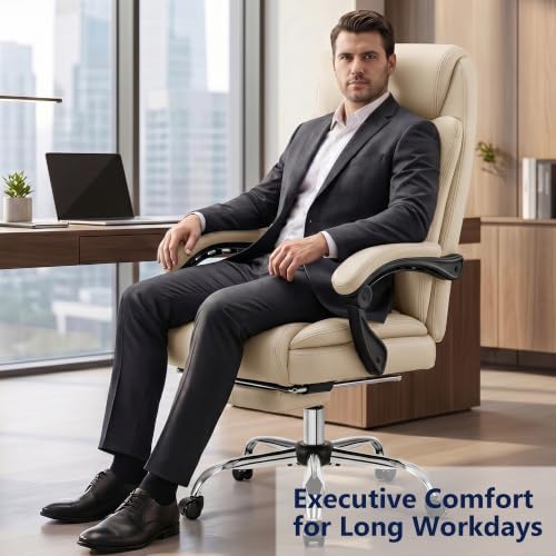Ergonomic Executive Office Chair PU Leather High Back, 400lbs Heavy Duty Reclining Desk Chair with Footrest, Adjustable Lumbar Support, Padded Armrests, Wide Seat, Khaki - Image 3
