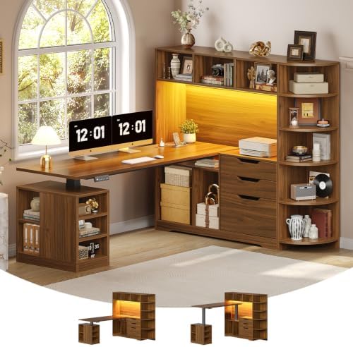 SEDETA 59" L Shaped Standing Desk with 3 Drawers Storage and Bookshelves by SEDETA