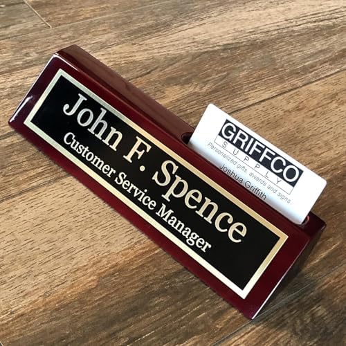 Personalized Desk Name Plate with Business Card Holder Slot, Metal Engraved (Rosewood w/Business Card Holder) - Image 7