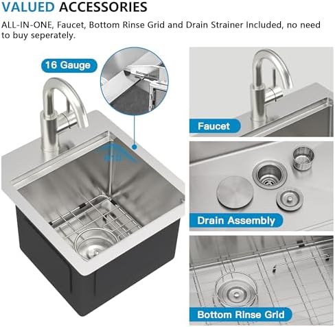13"x15" Bar Prep Sink Drop In Workstation with Faucet Combo - Image 7