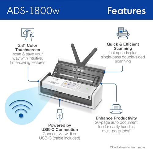 Brother ADS-1800W Wireless Compact Desktop Scanner | Scan Speeds of Up to 30ppm | 2.8" Color Touchscreen - Image 3