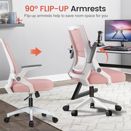 GTPLAYER Ergonomic Office Chair with Flip-up Armrests Executive Computer Chair for Home Office, Breathable Mesh & Comfy Lumbar Support, Pink - Image 5