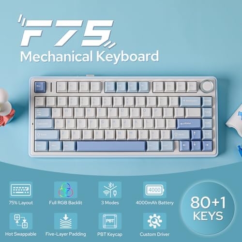 EPOMAKER x Aula F75 Gasket Mechanical Keyboard, 75% Wireless Hot Swappable Gaming Keyboard with Five-Layer Padding&Knob, BT/2.4GHz/USB-C, RGB (Sea Salt Blue, LEOBOG Reaper Switch) - Image 2