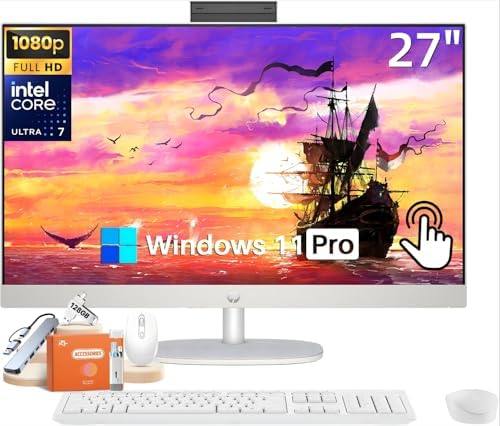 HP 27 inch All-in-One Touchscreen Desktop Computer, Intel 12-Core Ultra 7 155U, 64 GB DDR5 RAM, 1 TB SSD, Wireless KB & Mouse, Adjustable Height, HD Webcam, Windows 11 Pro by Unknown