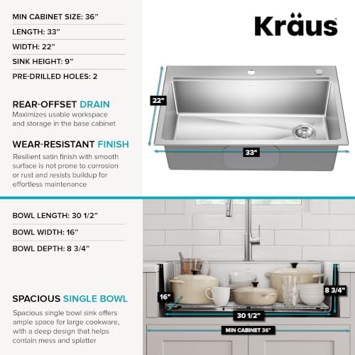 KRAUS Fairlane 33 in Drop In/Top Mount Workstation Single Bowl 18-Gauge Stainless Steel Kitchen Sink with Accessories, KWT610-33 - Image 5