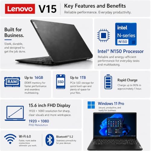 Lenovo V15 Business Laptop, Intel N150 Quad-Core Processor, 15.6" FHD Display, 16GB DDR5 RAM, 1TB NVMe SSD, Wi-Fi 6, Ethernet RJ-45, Dolby Audio, Windows 11 Pro, Business Black - Image 2