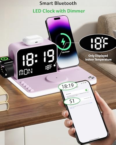 Acer 7-in-1 Wireless Charging Station Charger Stand for Multiple Devices for Apple -iPhone 18 17 16 15 14 13 Pro Max Apple Watch Airpods, Wireless iPhone Charger Station with Bluetooth TimeSync Purple - Image 6