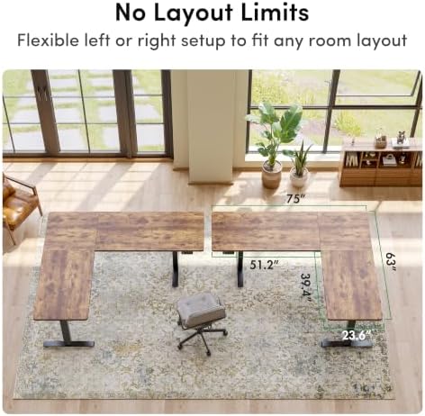 FEZIBO 75" x 63" L-Shaped Standing Desk - Adjustable Corner Desk L Shape, L-Shaped Adjustable Desk with Splice Board, L Shape Standing Desk, Rustic-Brown - Image 3