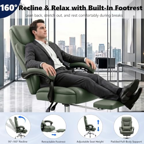 Ergonomic Executive Office Chair PU Leather High Back, 400lbs Heavy Duty Reclining Desk Chair with Footrest, Adjustable Lumbar Support, Padded Armrests, Wide Seat, Green - Image 6