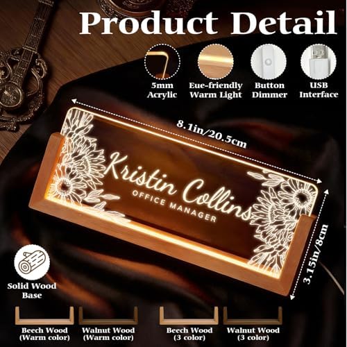 Personalized Light Up Acrylic Desk Name Plate - Custom Name Plate for Desk with Walnut Wood Base - Appreciation Office Gifts for Employees, Teacher, Social Worker (Sunflower) - Image 3