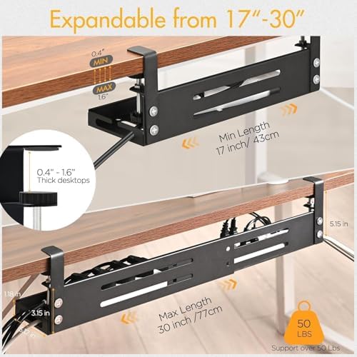 No Drill Under Desk Cable Management Tray, 17”-30” Retractable Cord Organizer for Table, Clamp Mount Wire Basket, Power Strip Holder & Metal Cord Organizer for Office, Home，Black - Image 2