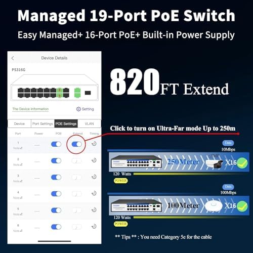 Goalake 19-Port Managed PoE Switch (16 PoE+ Ports, 2 Uplink Gigabit Ports + 1*1.25G Combo SFP Slots), 240W Built-in Power, Fanless Metal, AI Extend 250m, VLAN, QoS, Plug & Play (Wall/Rack) - Image 5